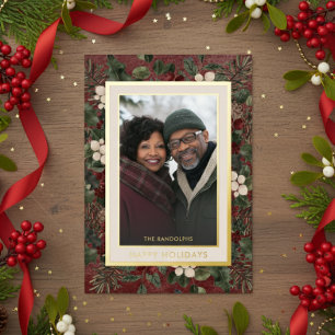 Winter Berries Burgundy Happy Holidays Photo Foil Holiday Card