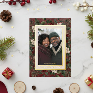 Winter Berries Burgundy Love Peace Joy Photo Foil Holiday Card