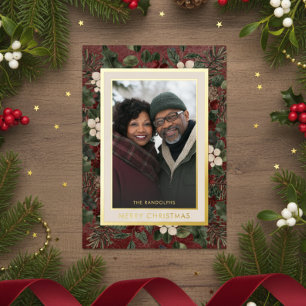 Winter Berries Burgundy Merry Christmas Photo Foil Holiday Card