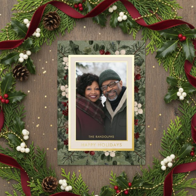 Winter Berries Green Happy Holidays Photo Foil Holiday Card (Creator Uploaded)