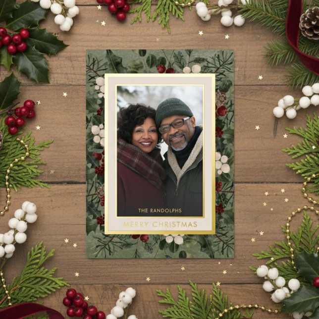 Winter Berries Green Merry Christmas Photo Foil Holiday Card (Creator Uploaded)