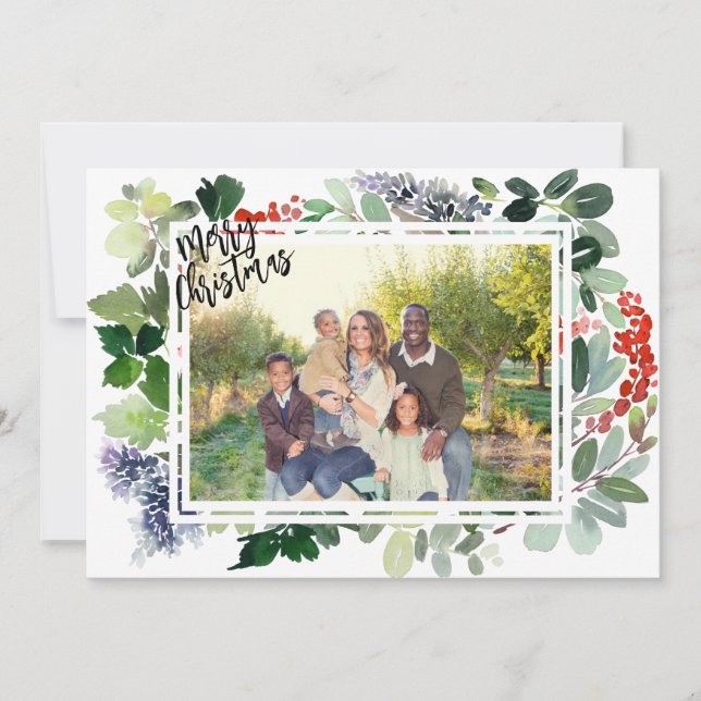 Winter Berries Greenery Frame Photo Christmas Card (Front)