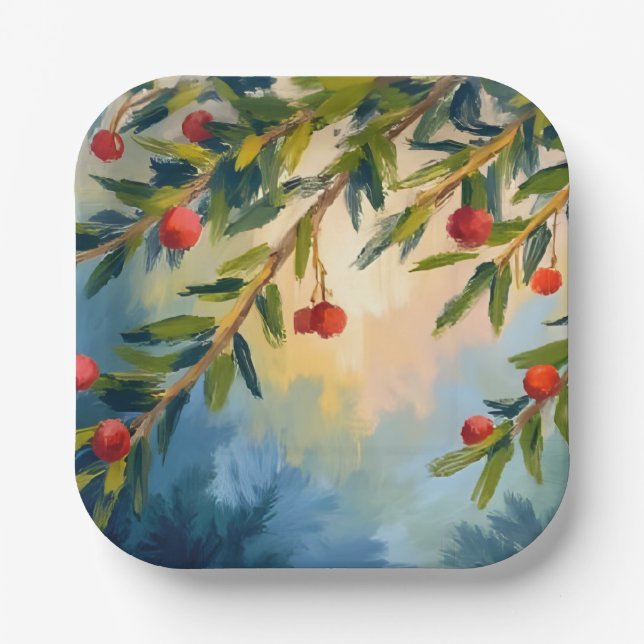 Winter Berries & Greenery | Holiday Party Paper Plates (Front)