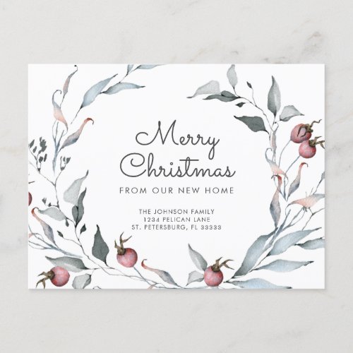 Winter Berries Greenery Holiday Wreath New Address Announcement Postcard