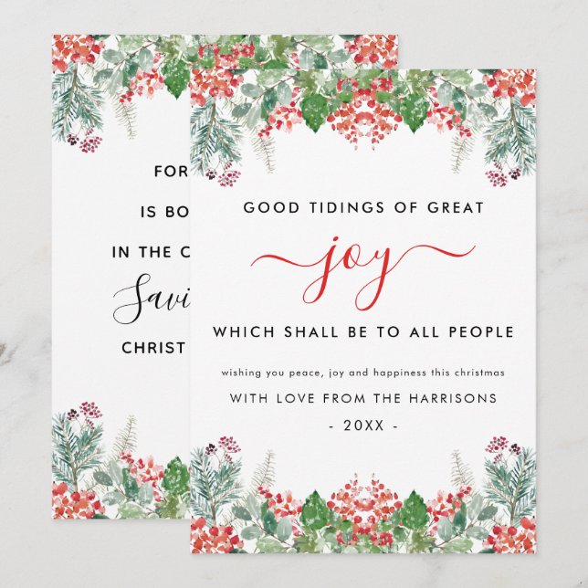 Winter Berries Greenery Joy Christian Christmas Holiday Card (Front/Back)
