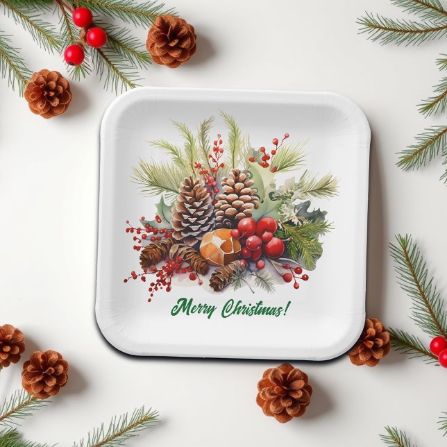 Winter Berries Greenery Pine Cones Paper Plates (Creator Uploaded)