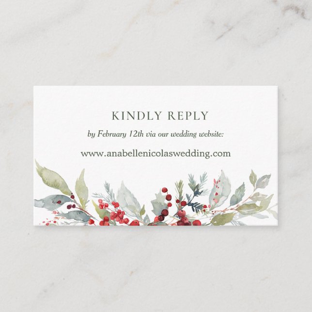Winter Berries Greenery Wedding Website RSVP Enclosure Card (Front)