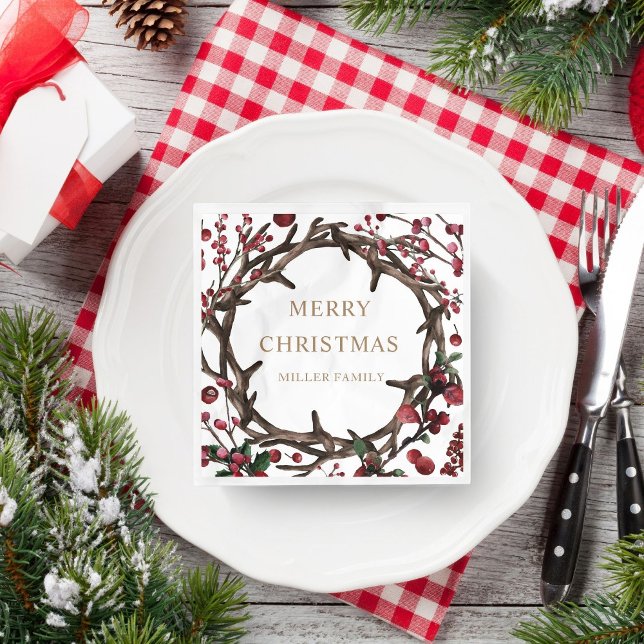 Winter Berries Holiday Wreath Merry Christmas Napkins (Creator Uploaded)