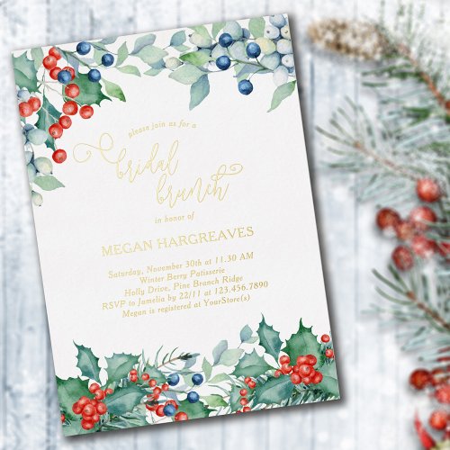Winter Berries Holly Watercolor Bridal Brunch Gold Foil Invitation