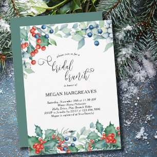 Winter Berries Holly Watercolor Bridal Brunch Invitation