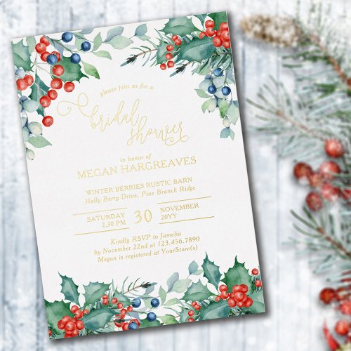 Winter Berries Holly Watercolor Bridal Shower Gold Foil Invitation
