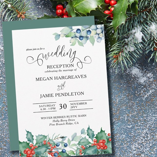 Winter Berries Holly Watercolor Wedding Reception Invitation (Creator Uploaded)