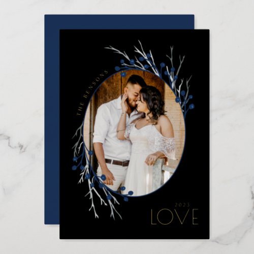 Winter Berries LOVE Branches Blue Black Real Foil Holiday Card