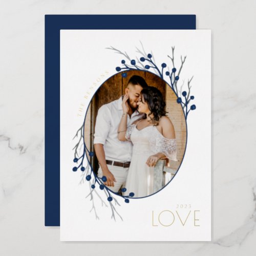 Winter Berries LOVE Branches Blue White Real Foil Holiday Card