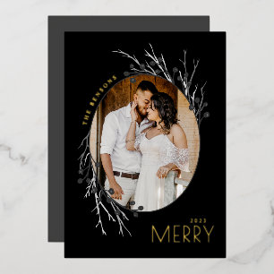 Winter Berries Merry Branches Gray Black Real Foil Holiday Card