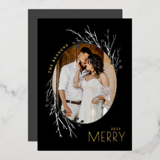 Winter Berries Merry Branches Gray Black Real Foil Holiday Card