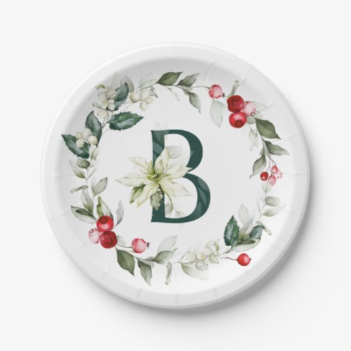 Winter Berries Monogram B  Paper Plate