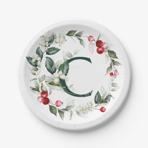 Winter Berries Monogram C  Paper Plate