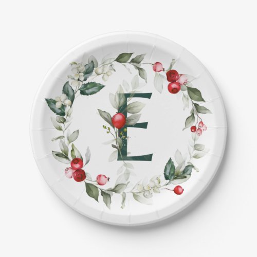 Winter Berries Monogram E  Paper Plate