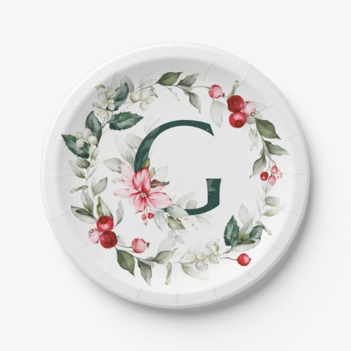 Winter Berries Monogram G  Paper Plate