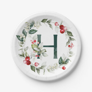 Winter Berries Monogram H Paper Plate