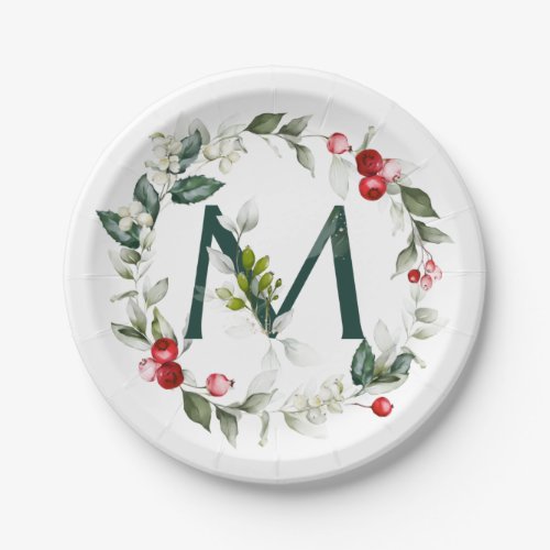 Winter Berries Monogram M  Paper Plate