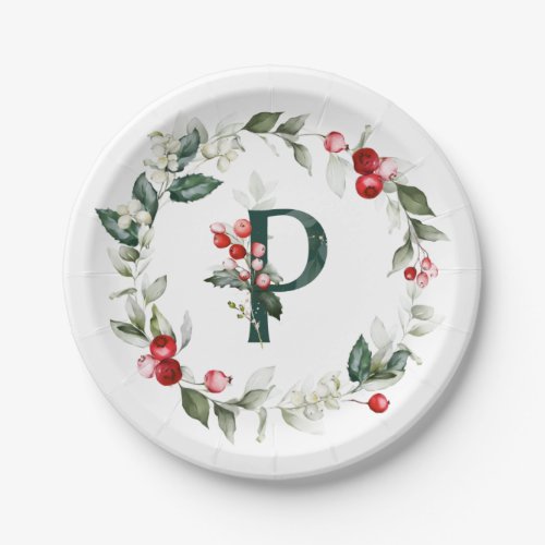 Winter Berries Monogram P  Paper Plate