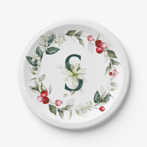 Winter Berries Monogram S  Paper Plate