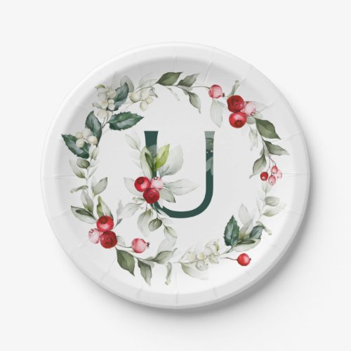 Winter Berries Monogram U  Paper Plate