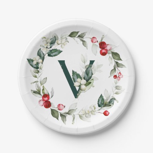 Winter Berries Monogram V  Paper Plate