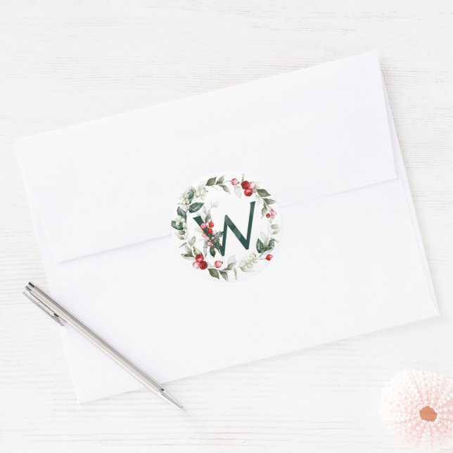 Winter Berries Monogram W Small Round Labels (Envelope)