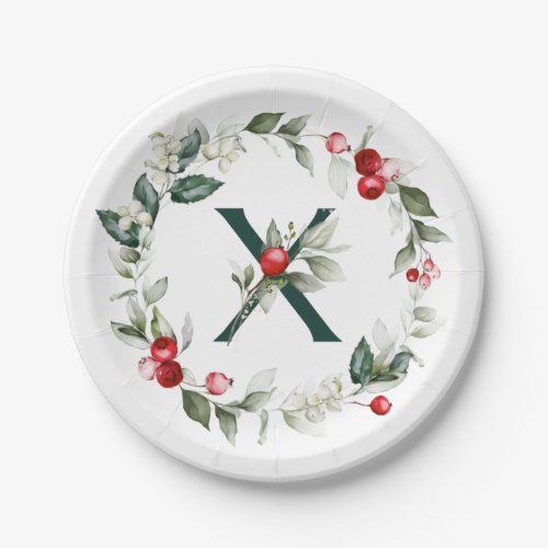 Winter Berries Monogram X  Paper Plate