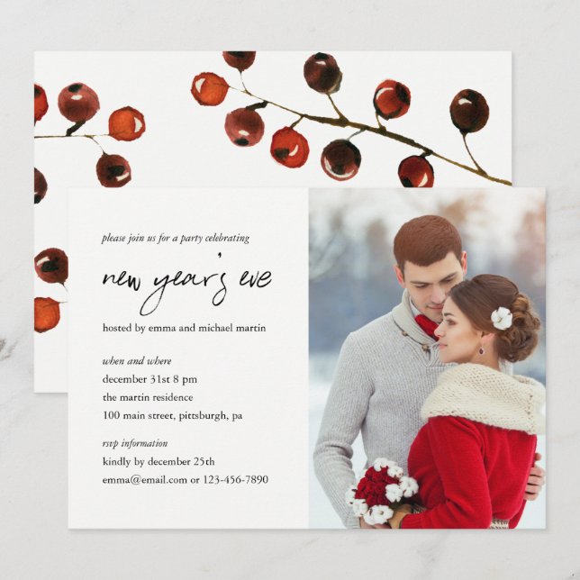 Winter Berries New Year's Party Photo Invitation (Front/Back)