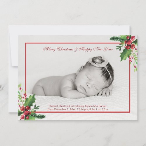 Winter Berries Photo Birth Announce Holiday Card