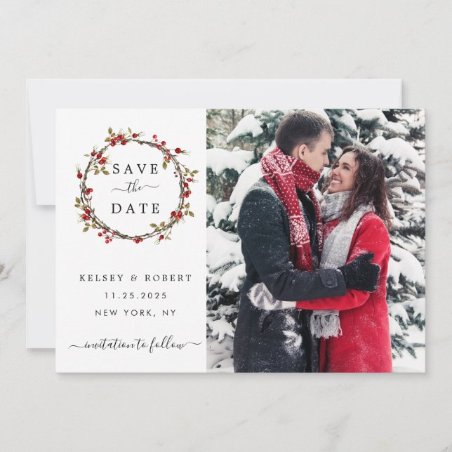 Winter Berries Photo Wedding Save the Date (Front)