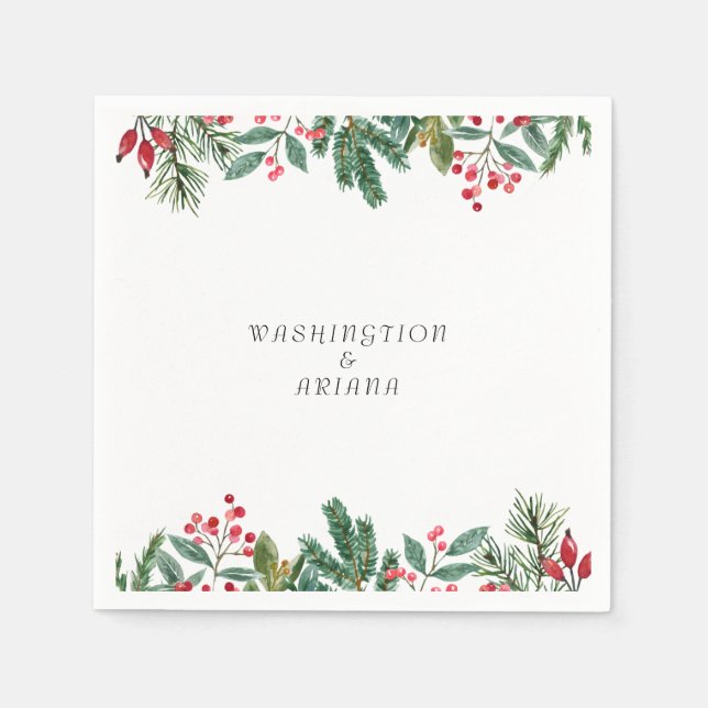 Winter Berries Pine Cone Greenery Wedding Napkins (Front)