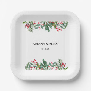 Winter Berries Pine Cone Greenery Wedding Paper Plates