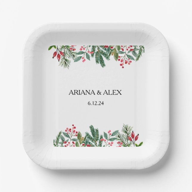 Winter Berries Pine Cone Greenery Wedding Paper Plates (Front)