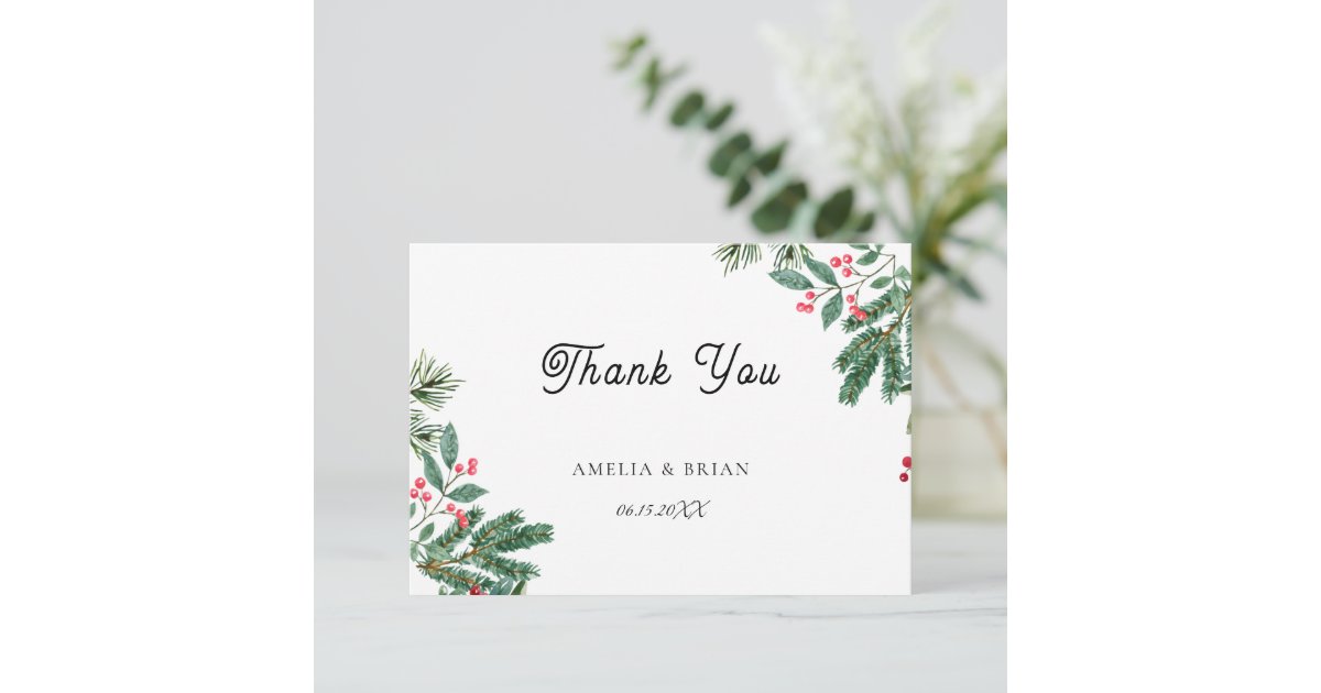 Winter Berries Pine Cone Greenery Wedding Thank You Card | Zazzle