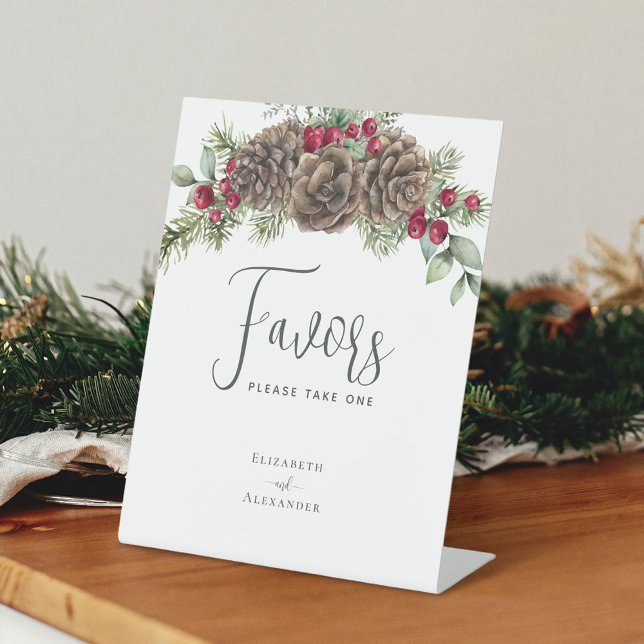 Winter Berries Pine Cone Rustic Wedding Favors  Pedestal Sign (Creator Uploaded)
