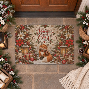 Winter Berries Pine Cones Fox Illustration Fiber Doormat