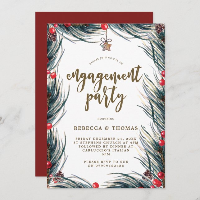winter berries pine engagement party invitation (Front/Back)