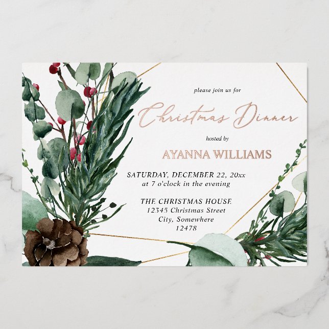Winter Berries & Pine Greenery Christmas Dinner  Foil Invitation (Front)