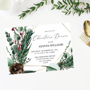 Winter Berries & Pine Greenery Christmas Dinner In Invitation