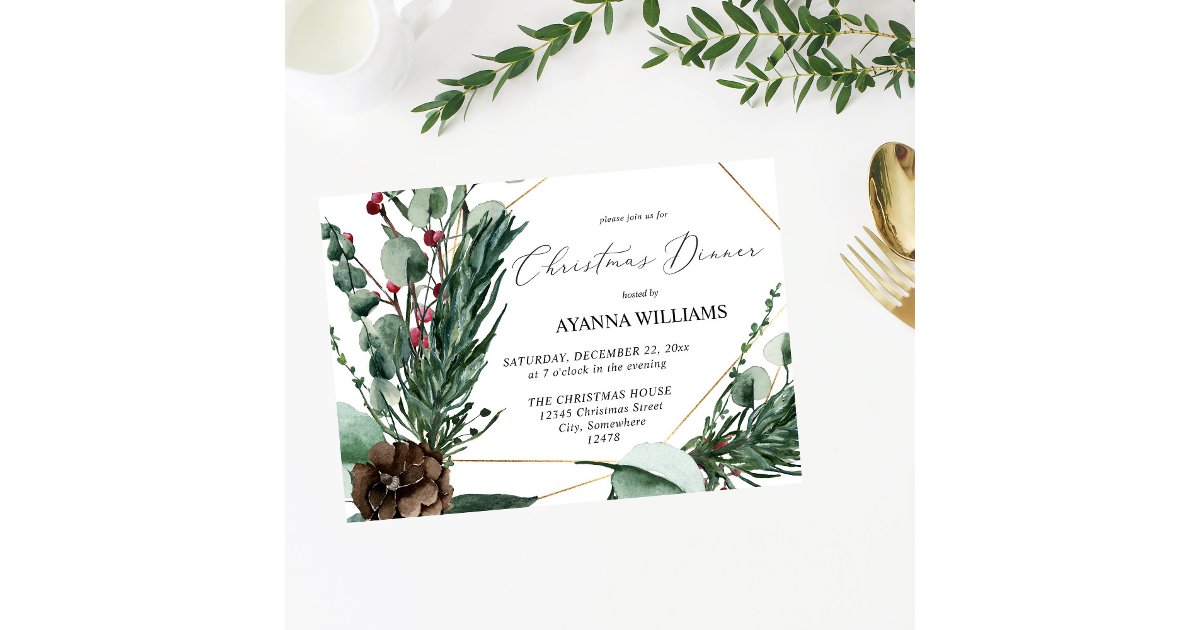 Winter Berries & Pine Greenery Christmas Dinner In Invitation | Zazzle