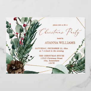 Winter Berries & Pine Greenery Christmas Party Foil Invitation
