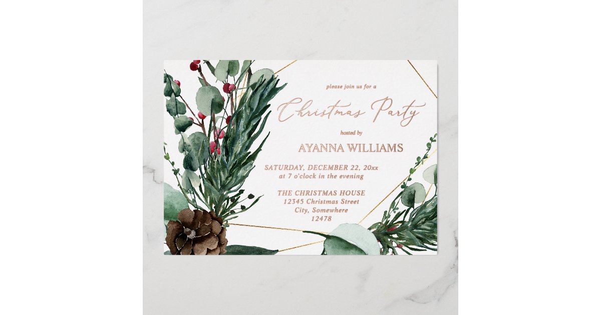 Winter Berries & Pine Greenery Christmas Party Foil Invitation | Zazzle