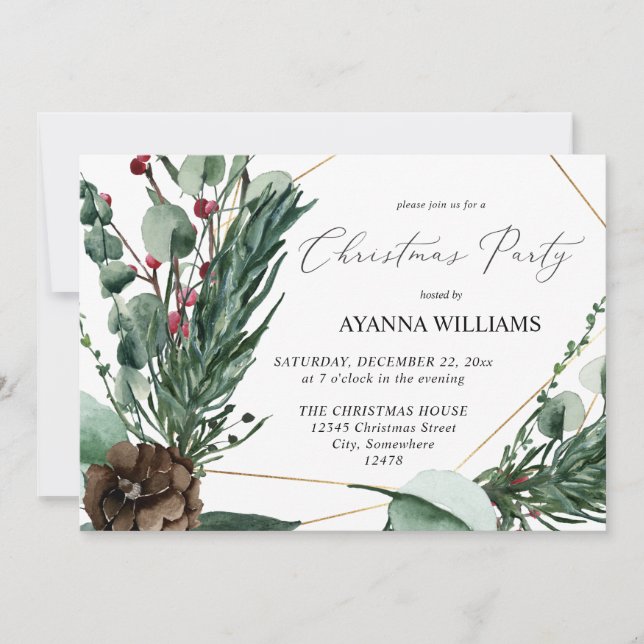 Winter Berries & Pine Greenery Christmas Party Invitation (Front)