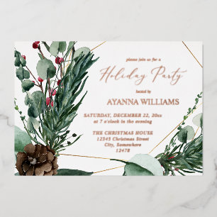 Winter Berries & Pine Greenery Holiday Party Foil Invitation