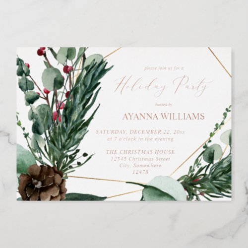 Winter Berries  Pine Greenery Holiday Party Foil Invitation